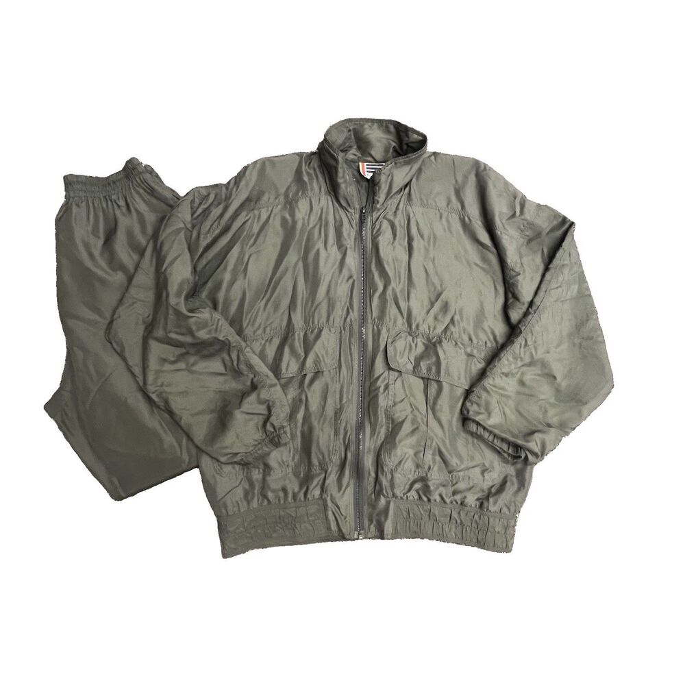 Vtg EVR Silk Jogging Wind Suit Sz S Olive Green Zip Jacket Jogger Pants Set 90s